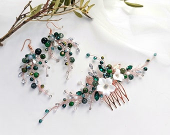 Moss agate jewelry set Rose gold Moss agate Bridal floral hair piece Moss agate earrings Emerald hair combs Wedding flower hair comb