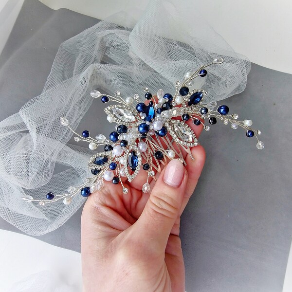 Blue Navy Crystal hair comb, Sapphire Blue hair piece, Bridal Blue Crystal headpiece, Navy Blue Bridesmaids hair comb, Gift For Her, prom