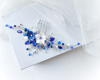 Blue floral hair comb Royal blue hair comb Wedding hair accessories White blue hair piece Silver and blue side hair comb Blue bridal comb