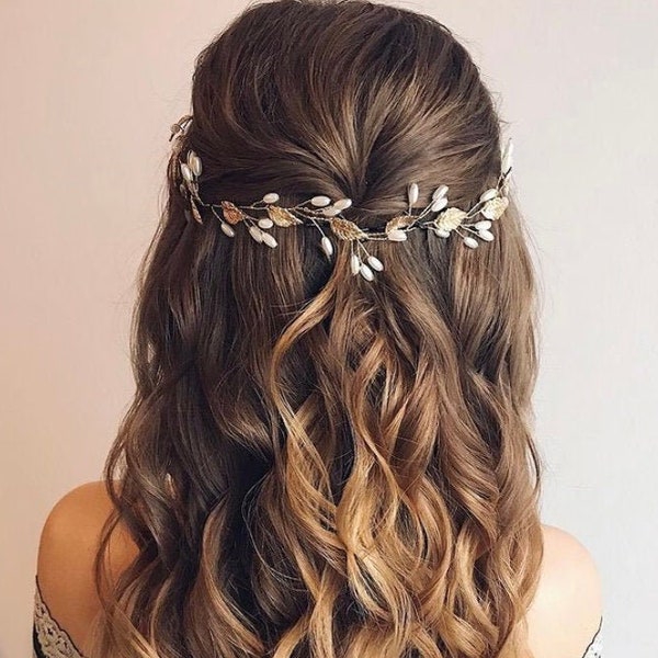 Gold bridal hair piece pearl/silver wedding hair vine/Bridal rose gold headband flower/Wedding hair accessory/floral leaves crystal
