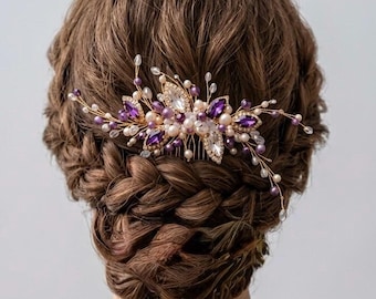 Purple hair comb Lilac Gold hair vine Gold hair piece Amethyst Bridal hair piece Plum Wedding hair piece Bridal headpiece Bridal hair vine