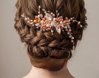 Burnt Orange pearls Hair Comb, Terracotta Tangerine pearls hair pins, Orange Bridal Hair Accessories, Gold orange Wedding Hair Piece