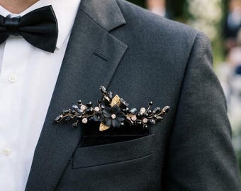 Black flower Pocket Boutonniere, Gothic Wedding Accessories, Gothic Wedding Groom Groomsmen