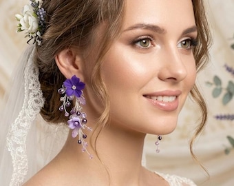 Lilac flower earrings, Dangle Earrings, Lilac Crystal Earrings, Light Purple Earrings for Wedding, Purple Flower Earrings, Summer Earrings