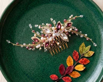 Burgundy hair pin, Burgundy hair piece, Burgundy jewelry, Ruby hair comb, Bridesmaid hair pin, Burgundy headpiece, Bridal hair comb