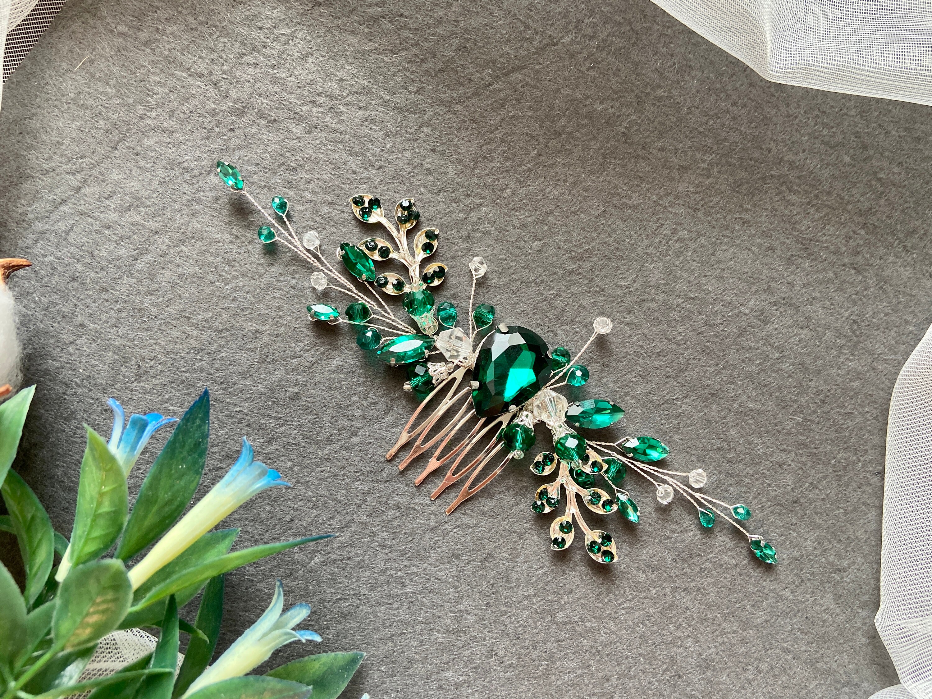 Green crystal hair combEmerald hairpiece Emerald bridal set Etsy