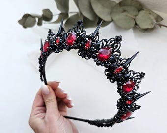 Black red crystal wedding crown, Gothic wedding crown, Black tiara with metal spikes, The Queen's crown