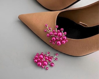 Fuchsia Hot pink  Pearl Bridal Shoe Clips: Vintage Wedding Accessories