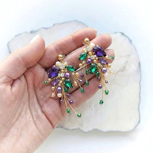 Purple emerald crystal stud earrings, Purple green statement earrings, Bright crystal earrings for wedding, Earrings for summer party