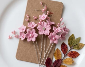 Set of 5 Pink Flower Hair Pins. Pink floral Wedding Hair Pins. Blush flowers Hair Pins. Bridal Hairpins. Pink Hair Pins for Wedding