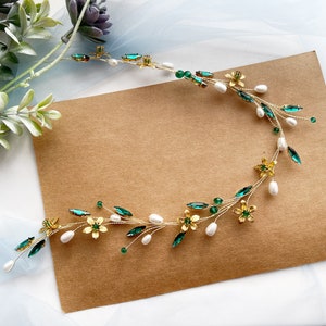 Emerald Floral Bridal Hair Vine Wedding Headpiece Bridal hair accessories Wedding Headband Pearl Flower Bridal Hair piece Wedding Hair vine