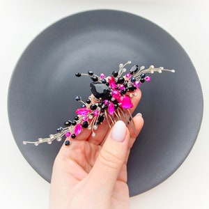 BlackFuchsia hair comb Dark Pink hair pins BlackHot Pink hair pin Black head piece Black hair piece Prom accessories Neon Pink hair clip image 3