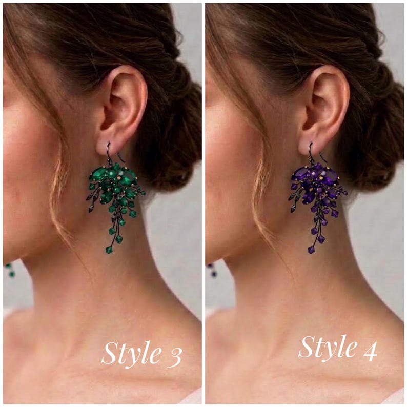 May include: Two dangling earrings featuring clusters of faceted crystals. The left earring, labeled Style 3, has emerald green crystals. The right earring, labeled Style 4, has deep purple crystals. Both earrings are set in dark metal with a hook closure.