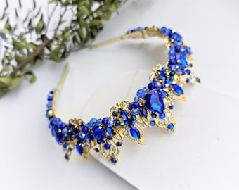 Royal blue Gold crown Gold Birthday crown Gold tiara for women Sapphire crown Queen of hearts Wedding crown Quinceanera crown