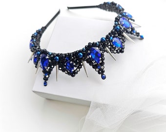 Blue@Black crown Royal blue Gothic crown Spike crown Black tiara with metal spikes Black halo crown Black wedding crown