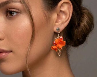 Burnt Orange floral stud earrings, Terracotta Tangerine flower earrings, Orange floral earrings for wedding,Orange Earrings for summer party