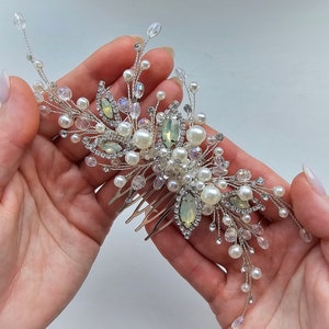 White opal with pearl Opal hair piece White opal  jewelry Opal hair comb Bridesmaid hair pin White opal headpiece Bridal hair comb