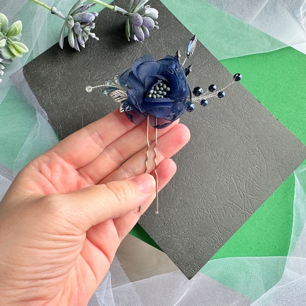 Blue Floral hair pins Navy blue hair comb Navy blue jewelry Navy hair accessory something Blue hair pins Floral Bridal hair piece