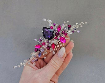 Fuchsia hair comb with purple Hot Pink hair pins Pink hair clip Fuchsia hair accessory Purple headpiece Wedding hair piece Wedding hair comb