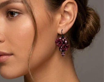 Black Deep Burgundy floral stud earrings,  Ruby statement earrings, Maroon crystal earrings for wedding, Mauve Earrings for summer party