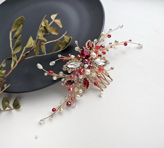 Handmade red hair piece with beautiful pearl and gemstone. Amazon.com : Kercisbeauty Red Hair Pins for Women Wedding  main image 2