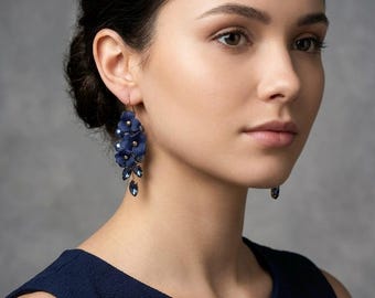 Indigo Blue Floral Earrings, Navy Flower Earrings, Blue Dangle Earrings, Fairy Flower Earrings, Gift For Her, Midnight Blue Earrings