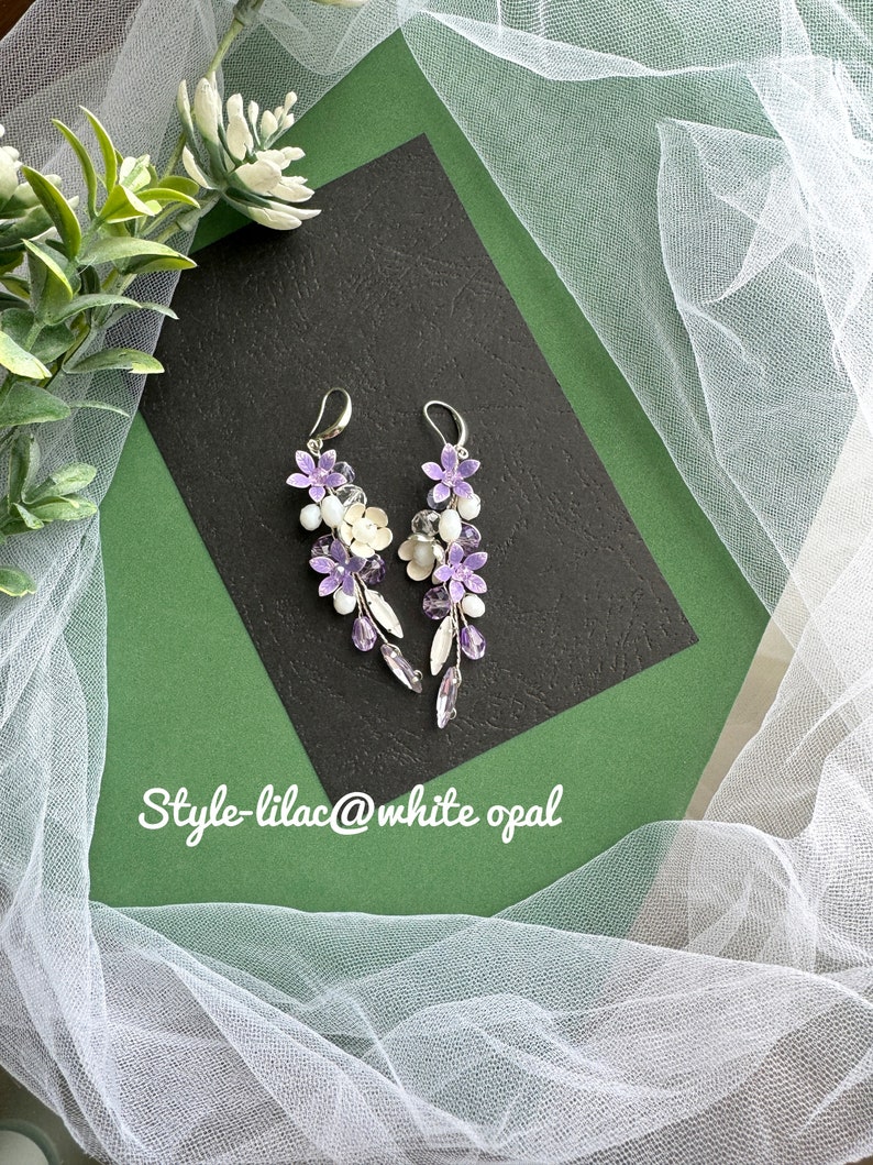 Lilac flower earrings, Dangle Earrings, Lilac Crystal Earrings, Light Purple Earrings for Wedding, Purple Flower Earrings, Summer Earrings image 5
