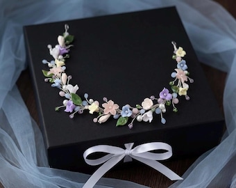 Dusty Blue yellow Floral headpiece. Blush pink  bridal headband. Lilac bridal hair vine.  Wedding hair piece. Floral Bridal Hair Crown