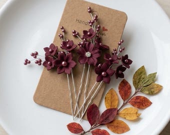 Burgundy flowers hair pin, Burgundy hair piece, Burgundy flower headpiece, Burgundy jewelry, Burgundy floral hair clip, Bridal hair comb