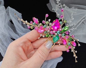 Pink Turquoise hair comb Pink Neon Bridal Hair Piece, Pink Crystal Hair Comb, Mint Wedding Hair Vine, Pink Green Rhinestone Hair Clip