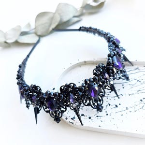 Black purple Crystal Crown, Black wedding crown, Gothic wedding crown, Spike crown Black tiara with metal spikes, The Queen&#39;s crown