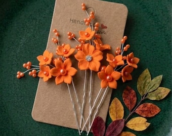 Orange flowers hair pin, Orange hair piece, Orange flower headpiece, Orange hair jewelry, Tangerine floral hair clip, Bridal hair comb
