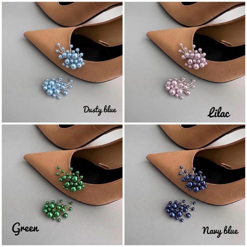 May include: Four pairs of tan pointed-toe heels, each adorned with a cluster of decorative pearls. The clusters are in dusty blue, lilac, green, and navy blue. The colors are labeled in the image.