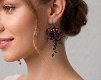 Burgundy Black earrings, Ruby Black earrings, black garnet earrings, black prom earrings, black bridesmaid earrings, mother of the bride