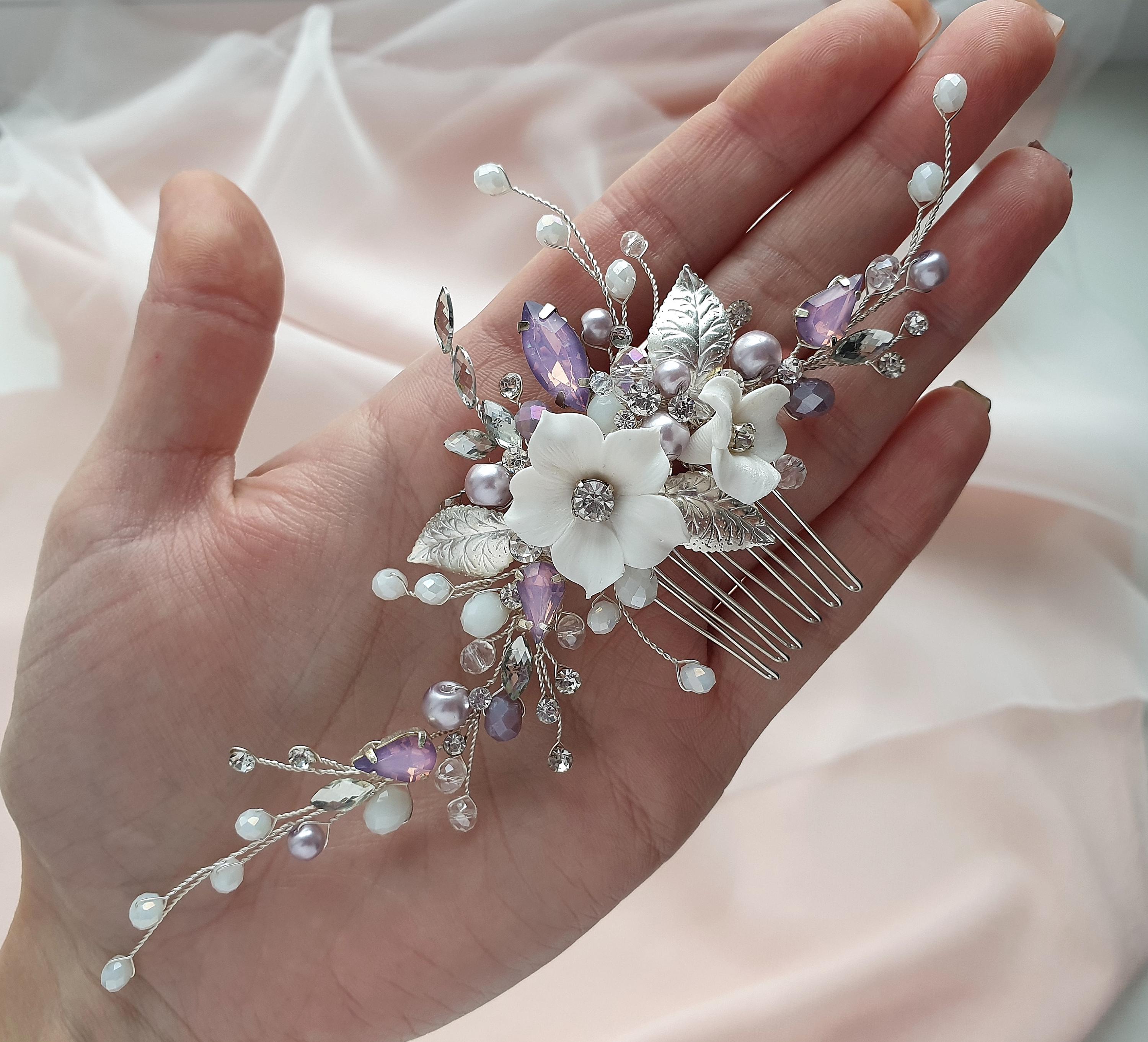 Lavender Bridal Hair Comb Wedding Silver Leaves Pearl Crystal Clip Hairpiece Purple Crystal Bridal Hair Accessories for sale | eBay main image 2