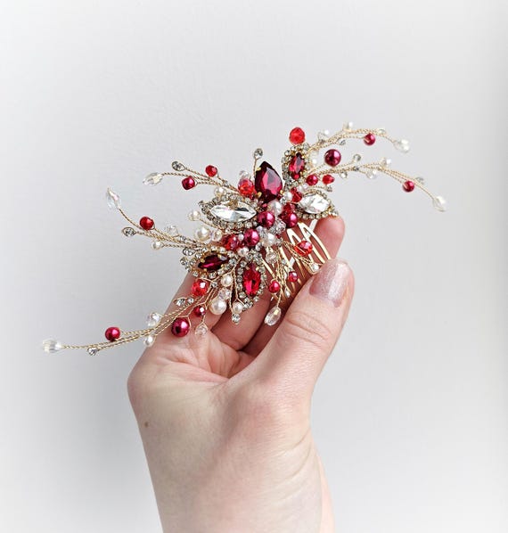 Red & Gold Garnet Pearl Hair Pin : Ruby Bridal Hair Piece - Etsy display picture 2