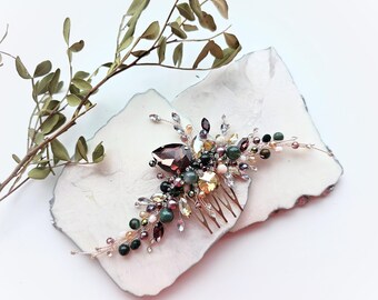 Rose gold ruby Moss agate bridal hair comb Burgundy hair comb Green marsala hair comb Green hair comb wedding hair comb Moss agate hair clip
