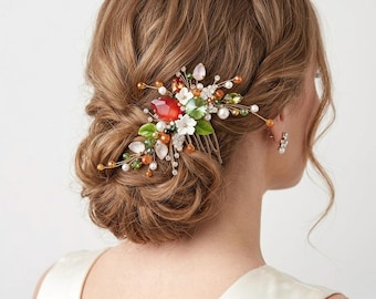 Gebrannte Orange Kristalle Haarkamm, Terrakotta Tangerine Perlen Haarnadeln, Orange Braut Haarschmuck, Gold Orange Hochzeit Haarteil