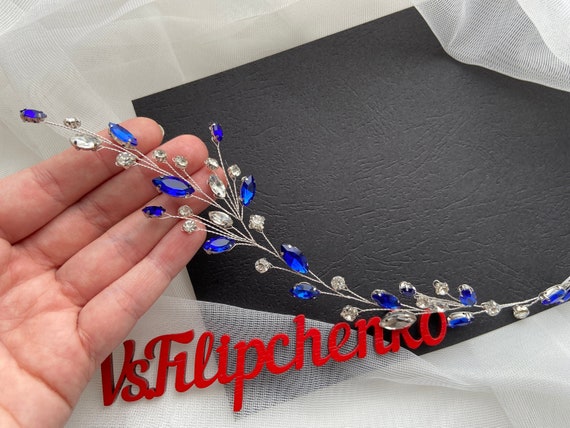 Royal blue hair vine for bride Wedding hair accessoryCrystal | Etsy