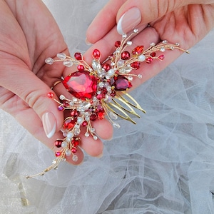 Gold & Red Crystal Bridal Hair Comb - Wedding Hair Accessories