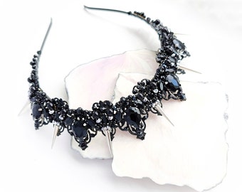 Black wedding crown Black crown Gothic crown Spike crown Black tiara with metal spikes Black halo crown