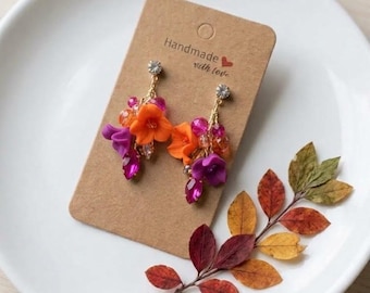 Orange fuchsia floral stud earrings, Hot pink statement earrings, Fuchsia tangerine earrings for wedding, Pink Earrings for summer party