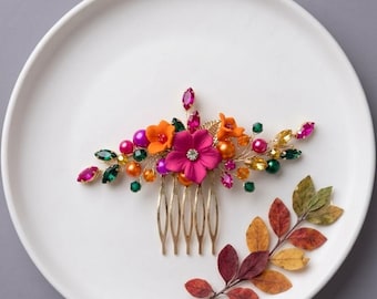 Orange fuchsia flowers hair pin, , Hot pink hair piece, Burnt Orange pink floral jewelry, Tangerine fuchsia hair comb, Magenta headpiece
