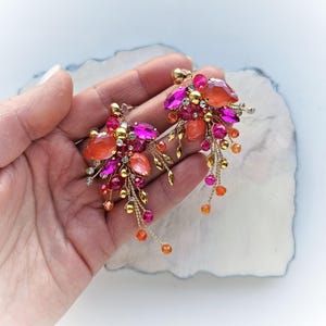 Orange and fuchsia crystal stud earrings, Hot pink statement earrings, Bright crystal earrings for wedding, Earrings for summer party