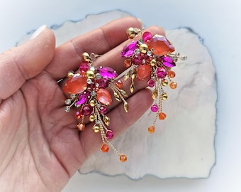 Orange und Fuchsia Kristall Ohrstecker, Hot Pink Statement Ohrringe, Helle Kristallohrringe für Hochzeit, Ohrringe für Sommerparty