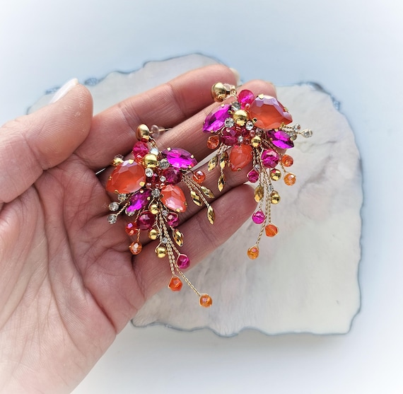 Orange and Fuchsia Crystal Stud Earrings, Hot Pink Statement