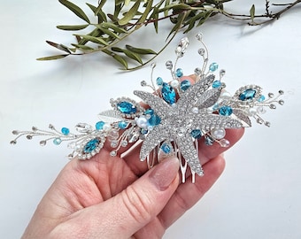 Beach wedding hair accessories Blue hair comb Aqua Blue Starfish Hair clip Mermaid crown Starfish crown seashell hair accessories prom hair