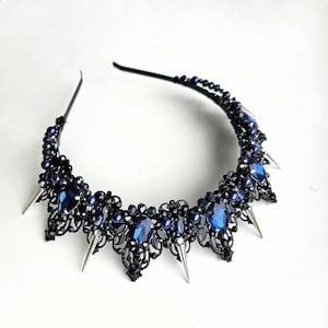Black Navy Blue Crystal Crown, Black wedding crown, Gothic wedding crown, Spike crown Black tiara with metal spikes, The Queen&#39;s crown