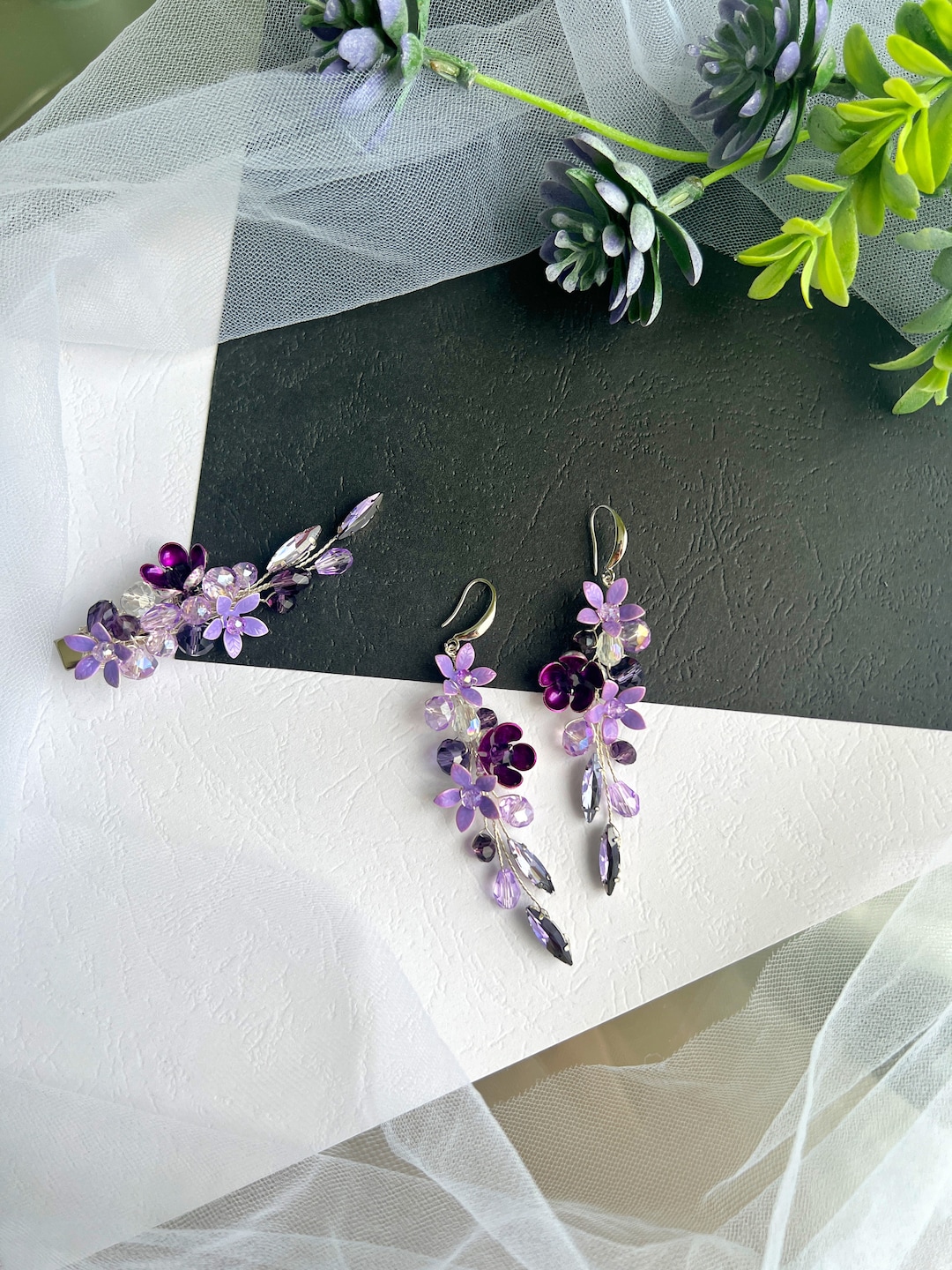 Lilac Flower Earrings, Dangle Earrings, Lilac Crystal Earrings, Light
