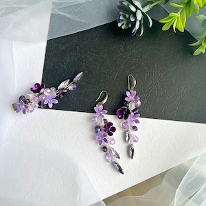 Lilac flower earrings, Dangle Earrings, Lilac Crystal Earrings, Light Purple Earrings for Wedding, Purple Flower Earrings, Summer Earrings